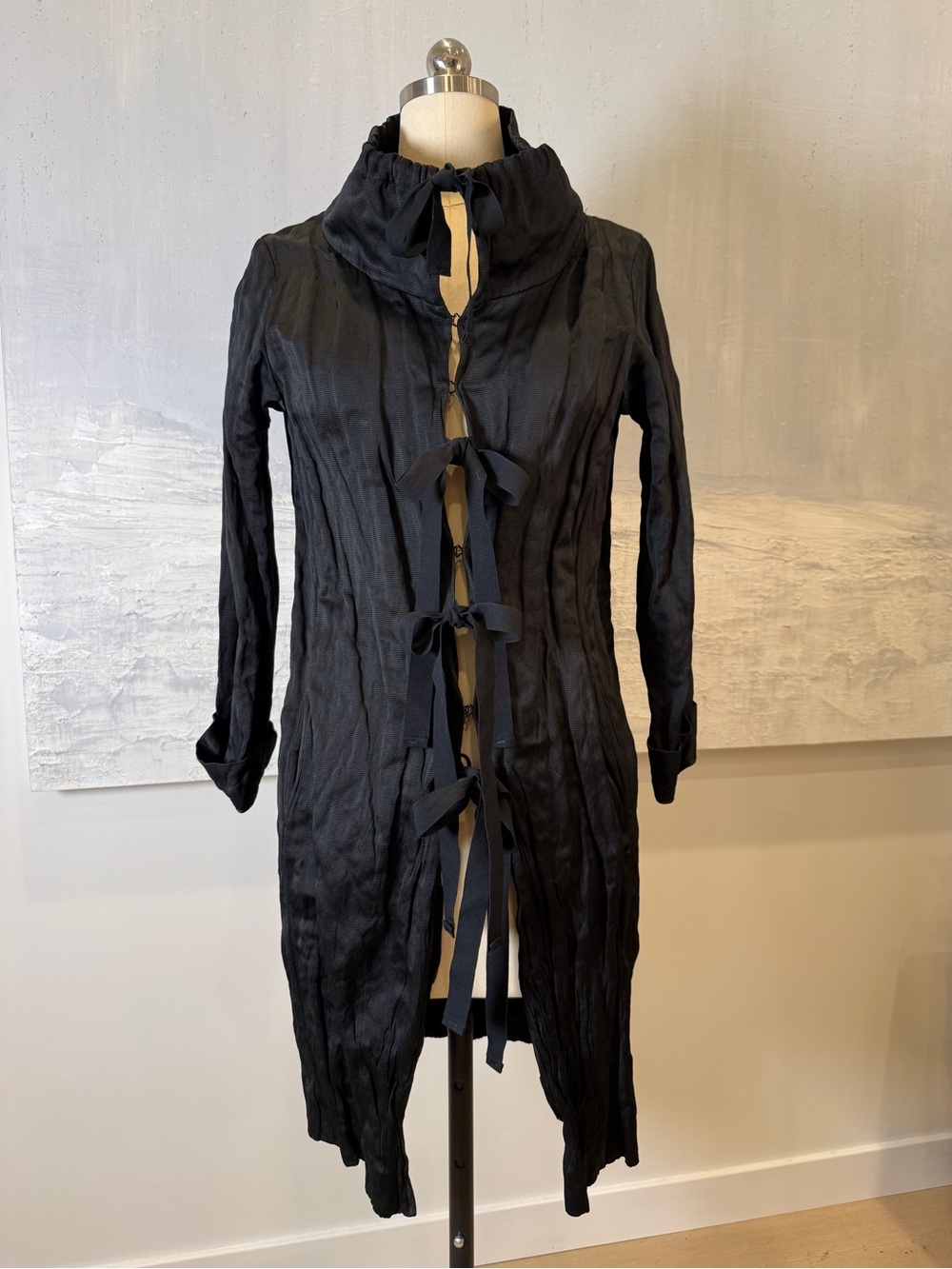 Prada Black Long Tie-Front Crinkled Coat